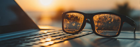 Glasses rest on a laptop keyboard as sunlight shines through, creating a warm atmosphere for evening work in a tech setting.の素材