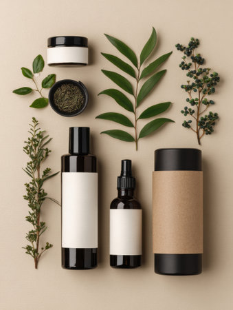 Skincare bottles with simple white labels are artistically arranged alongside fresh greenery on a soft beige surface, creating a calming scene.の素材