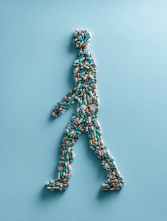 Pills and capsules are arranged to form a human figure walking, symbolizing health and wellness in a unique design.の素材