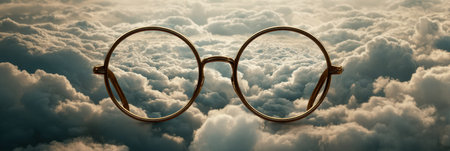 Surreal glasses hover within a sea of fluffy clouds creating a whimsical atmosphere that sparks the imagination and dreams.の素材