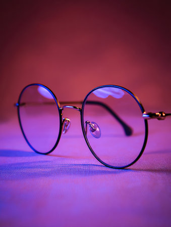 Blue-light glasses float in mid-air against a vibrant digital gradient, showing a sleek and innovative design in a tech-inspired setting.の素材