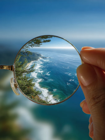 A breathtaking coastal landscape is seen through a glasses lens, blending elements of reality and illusion in a tranquil scene.の素材