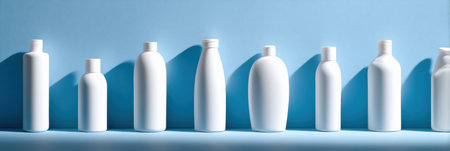 White medical bottles are neatly placed on a blue background, creating a calm atmosphere with soft shadows and large space for text or branding.の素材