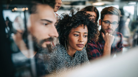 A diverse group of professionals engages in a working session, sharing ideas and strategies in a well-lit office filled with natural light.の素材