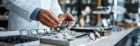 Optician arranged various glasses into a display case while working in a minimal retail space focused on eyewear.の素材
