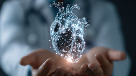 Doctors hands hold a glowing holographic heart icon, illustrating advancements in AI technology for healthcare applications.の素材