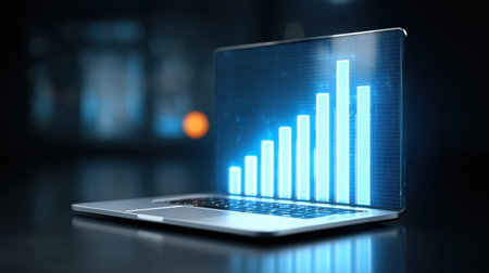 A laptop displays glowing data charts that represent business growth and digital analytics in a modern workspace setting.の素材