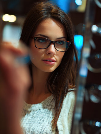 Woman is testing different eyeglass frames in front of a mirror at an optical boutique with bright, modern lighting.の素材