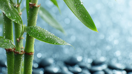Intricate bamboo shoots glisten with water drops against a tranquil backdrop, inviting a sense of calm and serenity in the spa environment.の素材