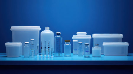 Clean, white containers and syringes are organized on a blue lab table, showing a sterile setting suitable for scientific work.の素材