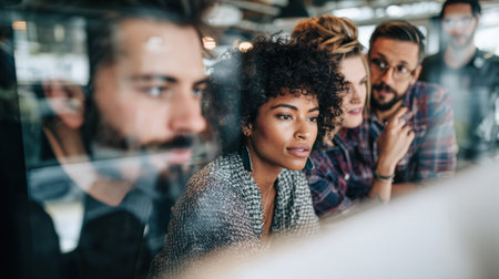 Team members of various backgrounds gather in a modern office, engaging in discussion and brainstorming while sunlight fills the room.の素材
