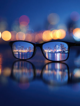 Eyeglass lenses show a beautiful reflection of a lively city skyline at night, surrounded by colorful bokeh and soft depth blur.の素材