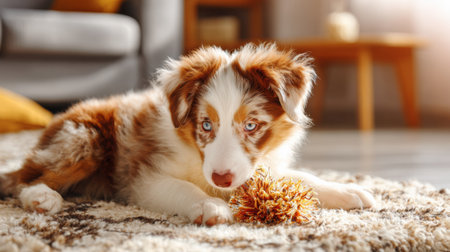 A happy puppy enjoys playing with a fuzzy toy on the warm carpet, creating a cheerful atmosphere at home during the day.の素材