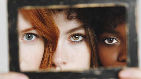 Three individuals with unique features look through a mirror, highlighting diversity and connection in beauty. Their expressions are engaging.の素材