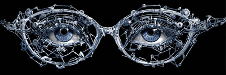 Robot face made of lenses and frames shows innovative design combining human features with artificial intelligence for vision technologyの素材