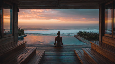 A person sits calmly, practicing yoga on a wooden deck overlooking the ocean at sunset during a wellness retreat.の素材