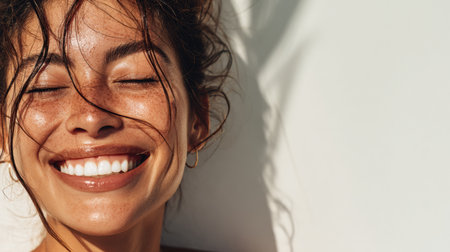 A model smiles joyfully under warm sunlight, highlighting her authentic skin texture and carefree spirit in a cheerful moment.の素材