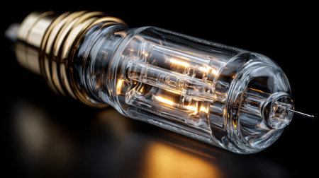 A glass ampoule emits a soft glow in a dark background, representing precision and care in its detailed design and craftsmanship.の素材