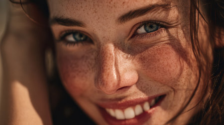 A model stands outdoors bathed in sunlight, smiling brightly with a natural and authentic look on her face, highlighting her skin texture.の素材