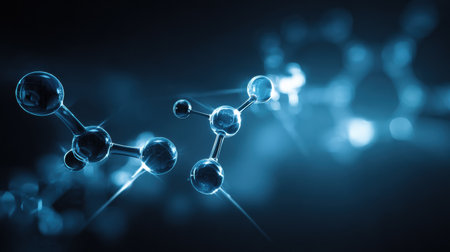 Abstract molecules are connected by light lines, depicting the theme of skincare science and its effects on skin health.の素材