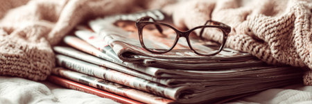 Stack of vibrant fashion magazines placed on a soft surface, topped with elegant glasses, creating a cozy and stylish atmosphereの素材