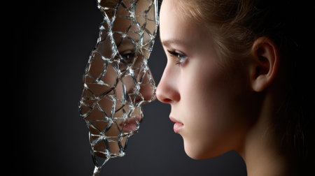 A cracked mirror shows a distorted face, representing deep feelings of insecurity and low self-esteem in a dimly lit space.の素材