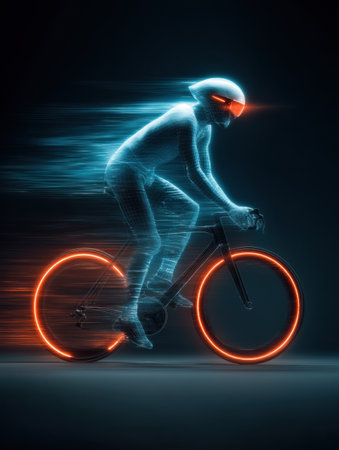 A cyclist wearing augmented reality glasses measures speed, exhibiting dynamic motion and vibrant energy in a futuristic setting.の素材