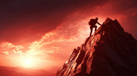 Climber ascends rocky peak during sunrise, representing perseverance and achievement against natures grandeur and obstacles.の素材