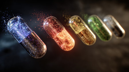 Capsules release vibrant light particles, creating an energetic scene that symbolizes vitality and transformation in a captivating manner.の素材