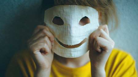 A woman displays a smiling mask while her tears highlight her inner struggle with insecurity and hidden emotions in a soft-lit room.の素材