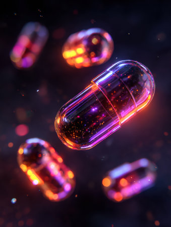 Capsules burst into colorful light particles, creating an energetic scene that conveys vitality and motion in a dark, mystical space.の素材