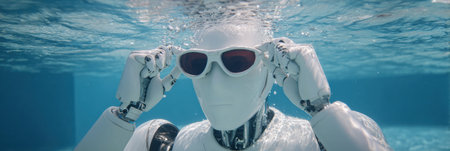 Robot swimmer adjusts tinted goggles while submerged in a futuristic pool, getting ready for a demonstration in a sleek aquatic environment.の素材