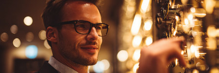 Trendy man carefully examines glasses in an upscale optical boutique illuminated by soft display lights, enjoying the shopping experience.の素材