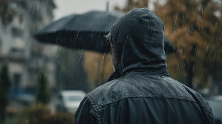 A man stands alone in the rain, soaked and without an umbrella, embodying feelings of isolation amid a rainy urban landscape.の素材