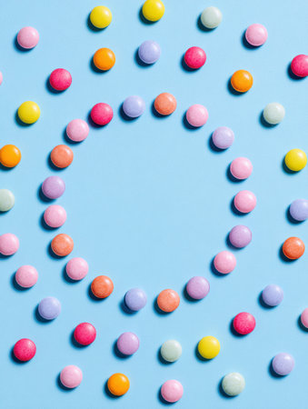 Colorful vitamin pills are placed in a circular pattern on a soft pastel blue background, creating a playful and inviting feel for health messages.の素材
