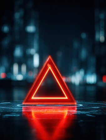 A bright red triangle alert symbol shines on a high-tech interface, signaling a warning and indicating a critical error in the system.の素材