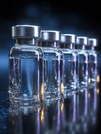 Six glass ampoules are neatly arranged in a line, illuminated by a soft, sterile gradient light setting, showing their clarity and precision.の素材