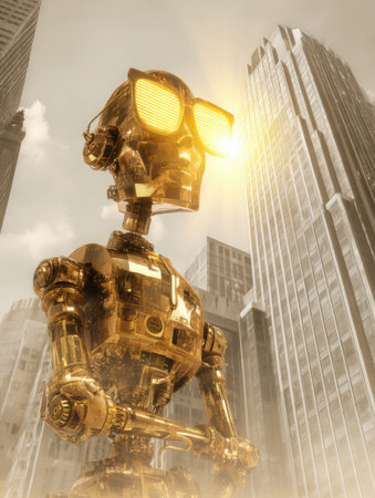 A shiny robot tourist stands amidst tall buildings, wearing bright glowing sunglasses, enjoying the vibrant city atmosphere during the day.の素材