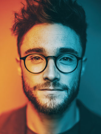 A confident young man wearing black glasses smiles, showing a modern minimalistic vibe with a striking color gradient background.の素材