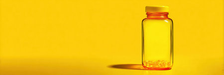 A vitamin bottle stands on a bright yellow surface, reflecting sunlight and showing colorful capsules inside.の素材