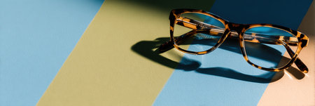 Designer glasses rest on a soft pastel background, emphasizing their stylish form and the beauty of simplicity in design.の素材