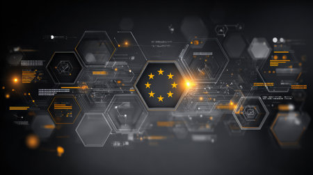 Dashboard visualization shows geometric shields and layered circuits with a European stars motif and glowing checkmarks to signify compliance.の素材