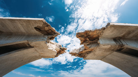 A bridge under construction features a noticeable gap in the middle, highlighting ongoing work and challenges against a clear blue sky.の素材