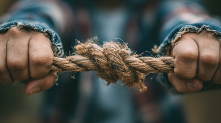 A person focuses intensely as they attempt to untangle a knotted rope, representing lives challenges and personal growth in a serene outdoor setting.の素材