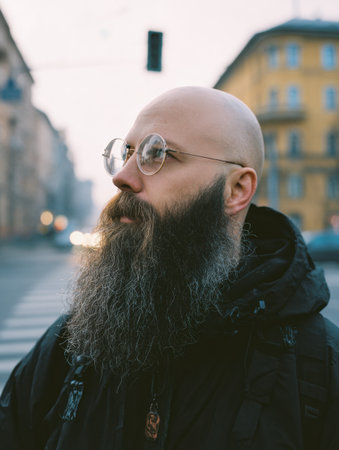 Bearded man wearing modern glasses pauses on an urban street while clean copy space showcases city elements in the backgroundの素材