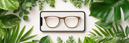 A clean white table displays modern glasses and a smartphone in a flat lay style, complemented by vibrant green leaves.の素材