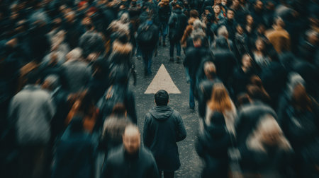 A large group of individuals moves in different directions on a crowded street, symbolizing disconnection and confusion in communication.の素材