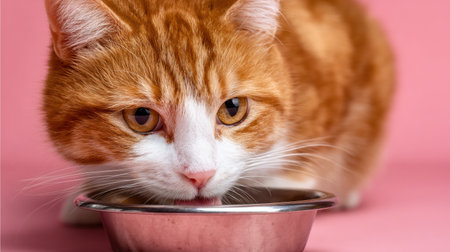 A playful orange cat is eating from a shiny metal bowl, set on a soft pastel backdrop, creating a cozy pet food scene.の素材