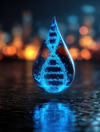 A radiant DNA ribbon morphs into a skincare droplet, showing a unique blend of nature and innovation at night.の素材