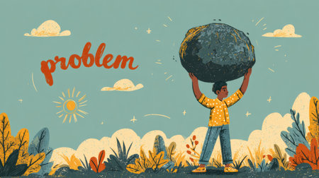 A man struggles to lift a heavy stone marked problem above his head, showing determination to overcome challenges and achieve freedom.の素材